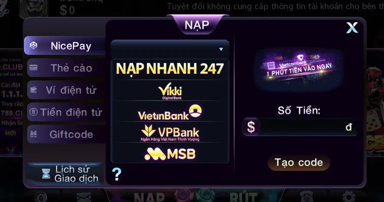 Hướng dẫn nạp tiền qua tài khoản ngân hàng an toàn tiện lợi bảo mật.