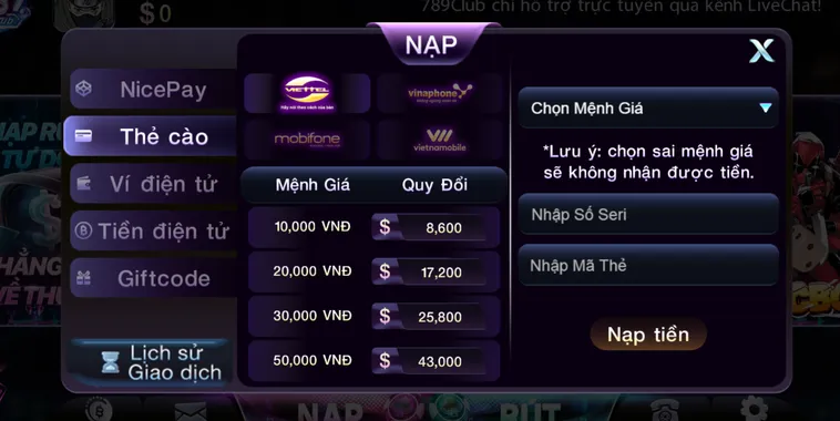 Hướng dẫn nạp tiền bằng thẻ cào tại 789CLub.