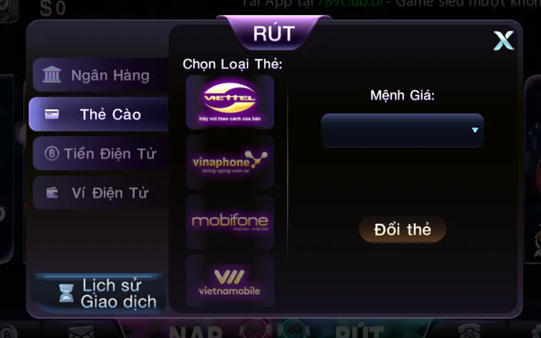 Rút tiền bằng thẻ cào 789club an toàn tiện lợi - bảo mật - nhanh chóng.