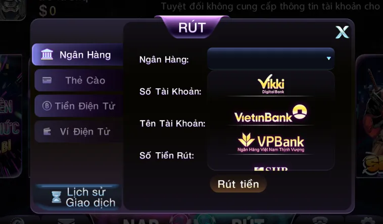 Rút tiền bằng tài khoản ngân hàng tại 789Club hỗ trợ mọi ngân hàng nội địa.